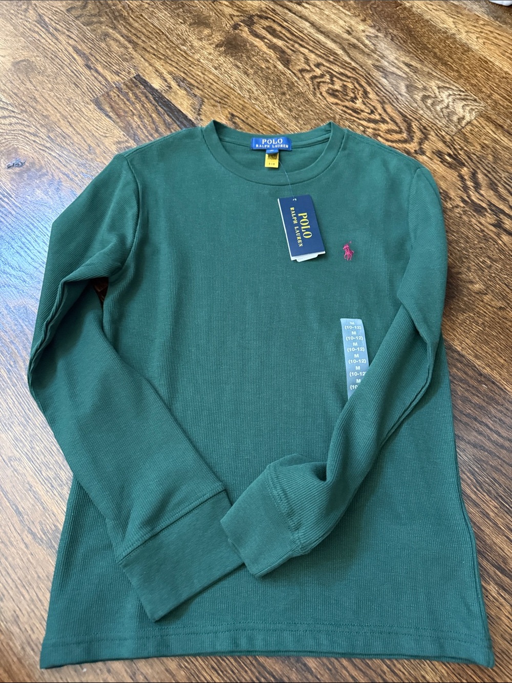 Polo by Ralph Lauren Boys' Green Long-Sleeve Crew Tee with Pink Polo Pony